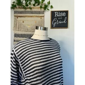 Eileen Fisher Womans Round Neck Stripped Organic Linen Loose Fit Top Large